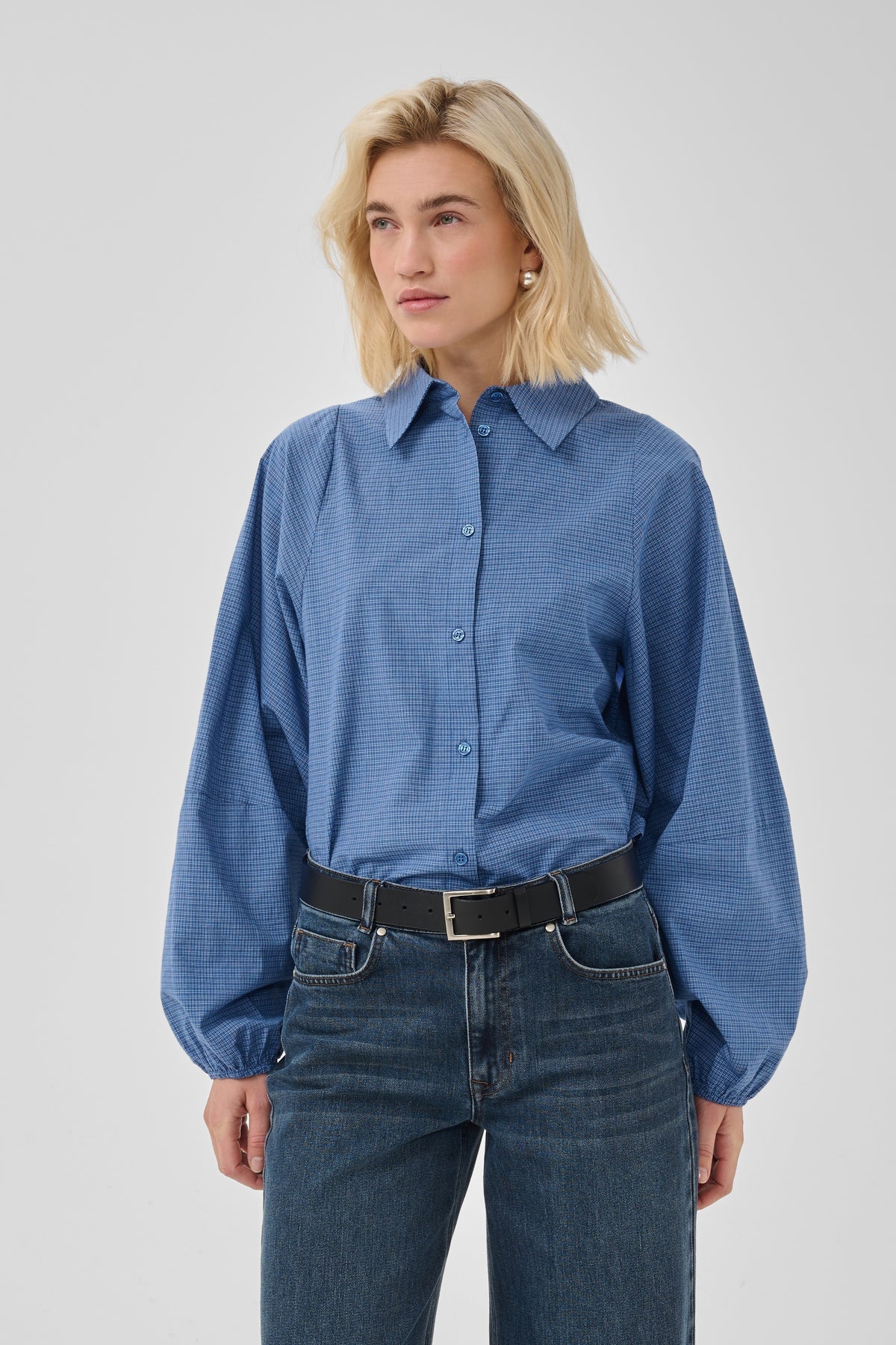 Ilse Balloon Sleeve Shirt Clear Blue Check My Essential Wardrobe