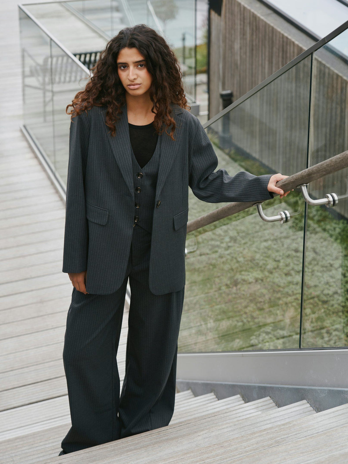 Aarielle Slim Pinstripe Blazer Dark Grey Melange Neo Noir