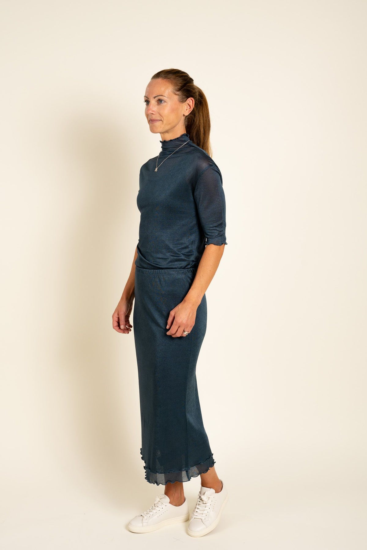 Mock Neck Frill Top Dawn Blue