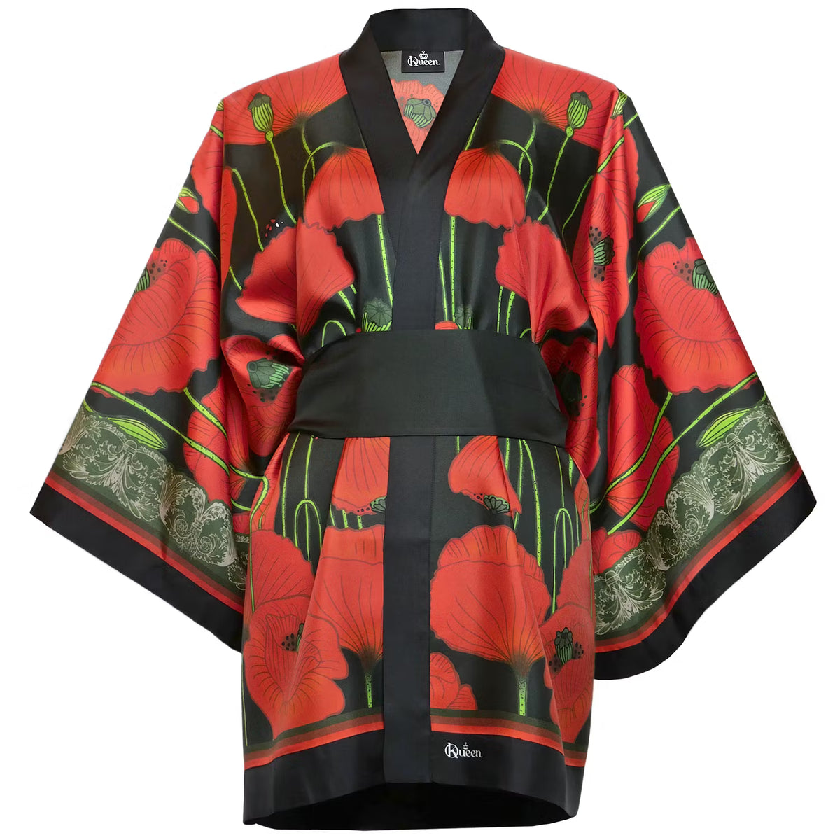 Silk Kimono Short Poppies Dark Kueen