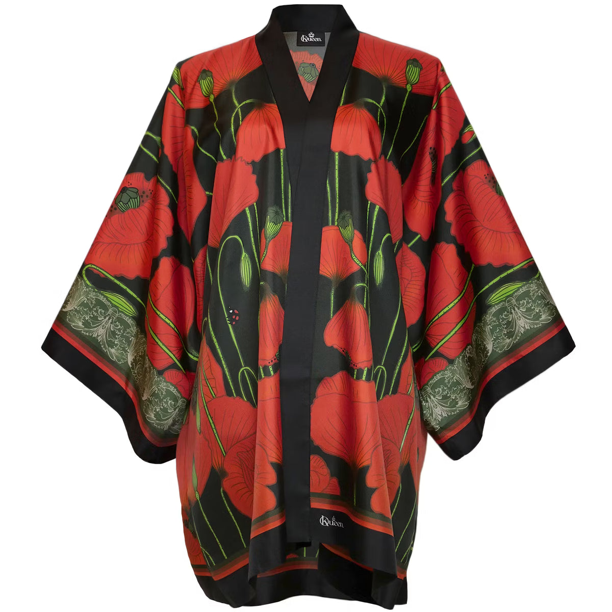 Silk Kimono Short Poppies Dark Kueen