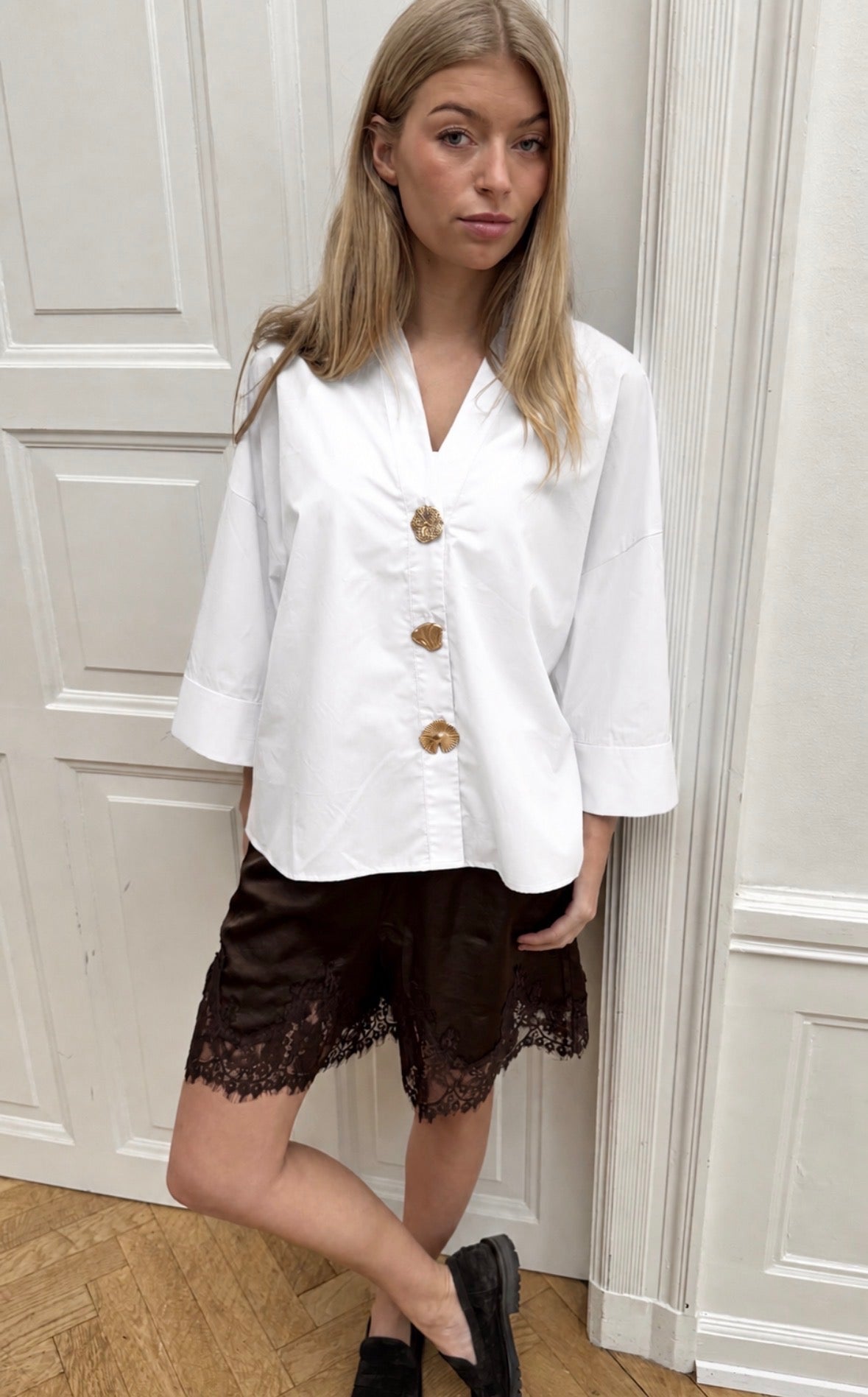 Augusta Shirt White Big Gold Buttons Continue