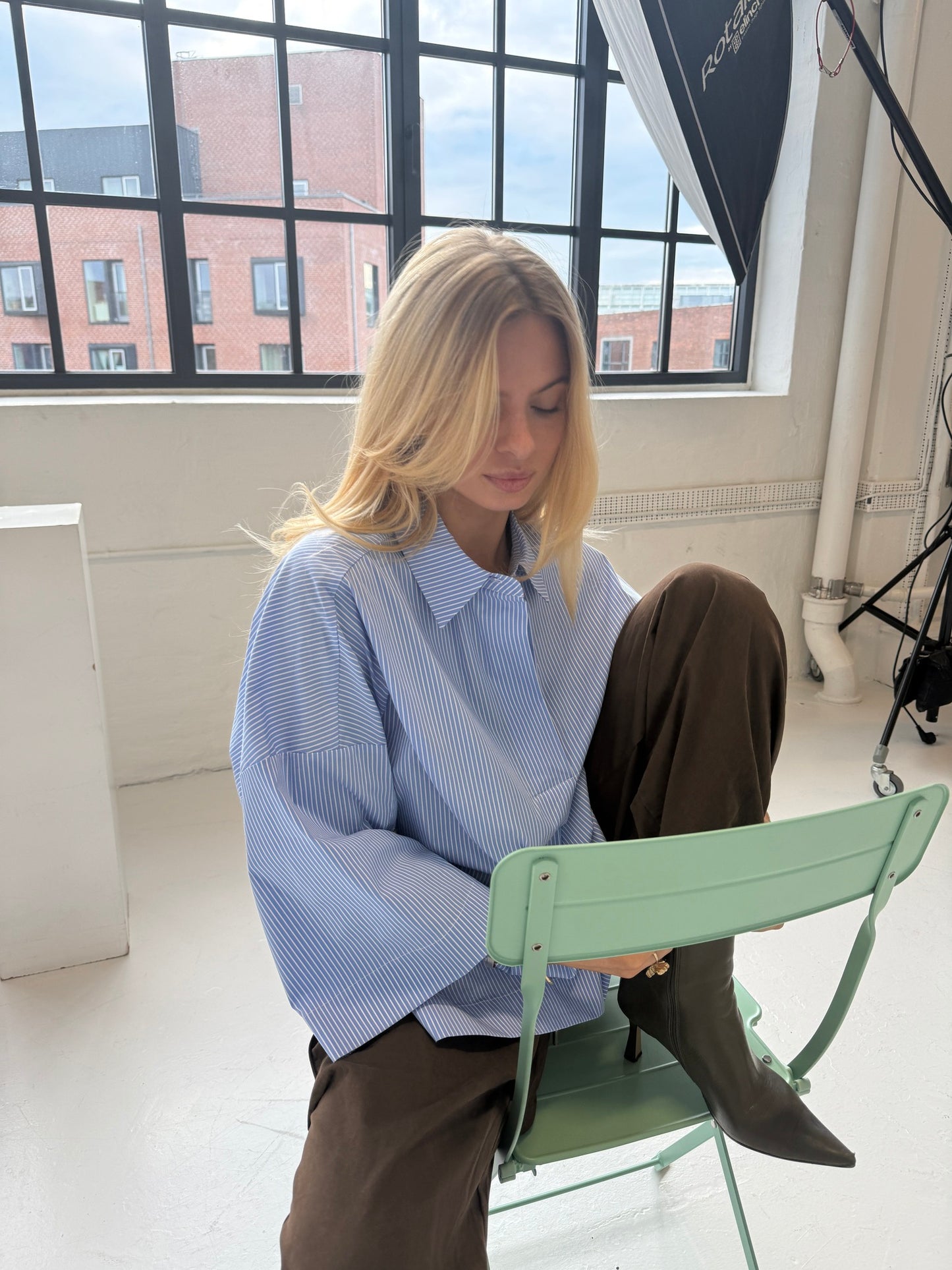 Klara Shirt Blue Stripe Gold Buttons Continue