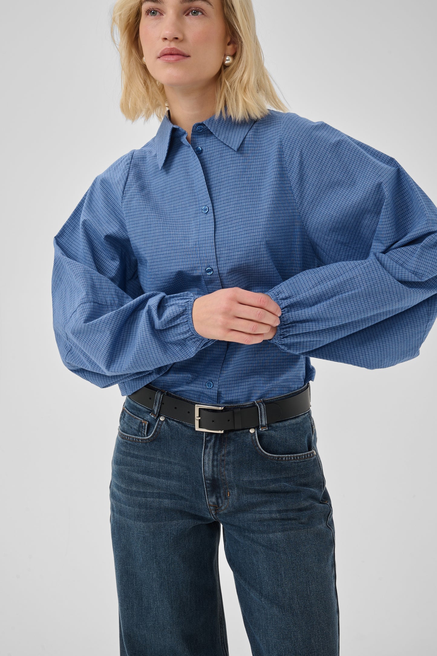Ilse Balloon Sleeve Shirt Clear Blue Check My Essential Wardrobe