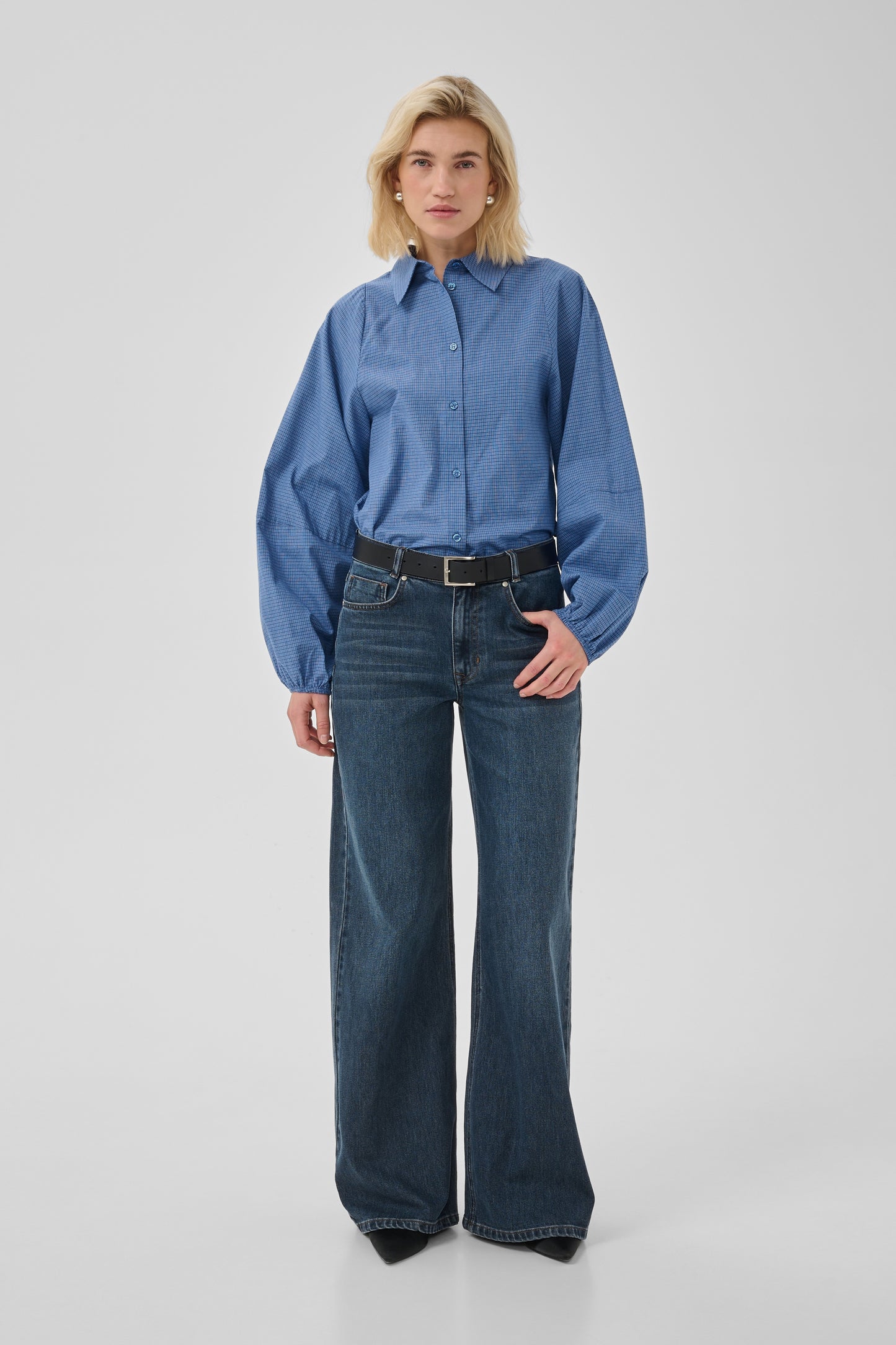Ilse Balloon Sleeve Shirt Clear Blue Check My Essential Wardrobe