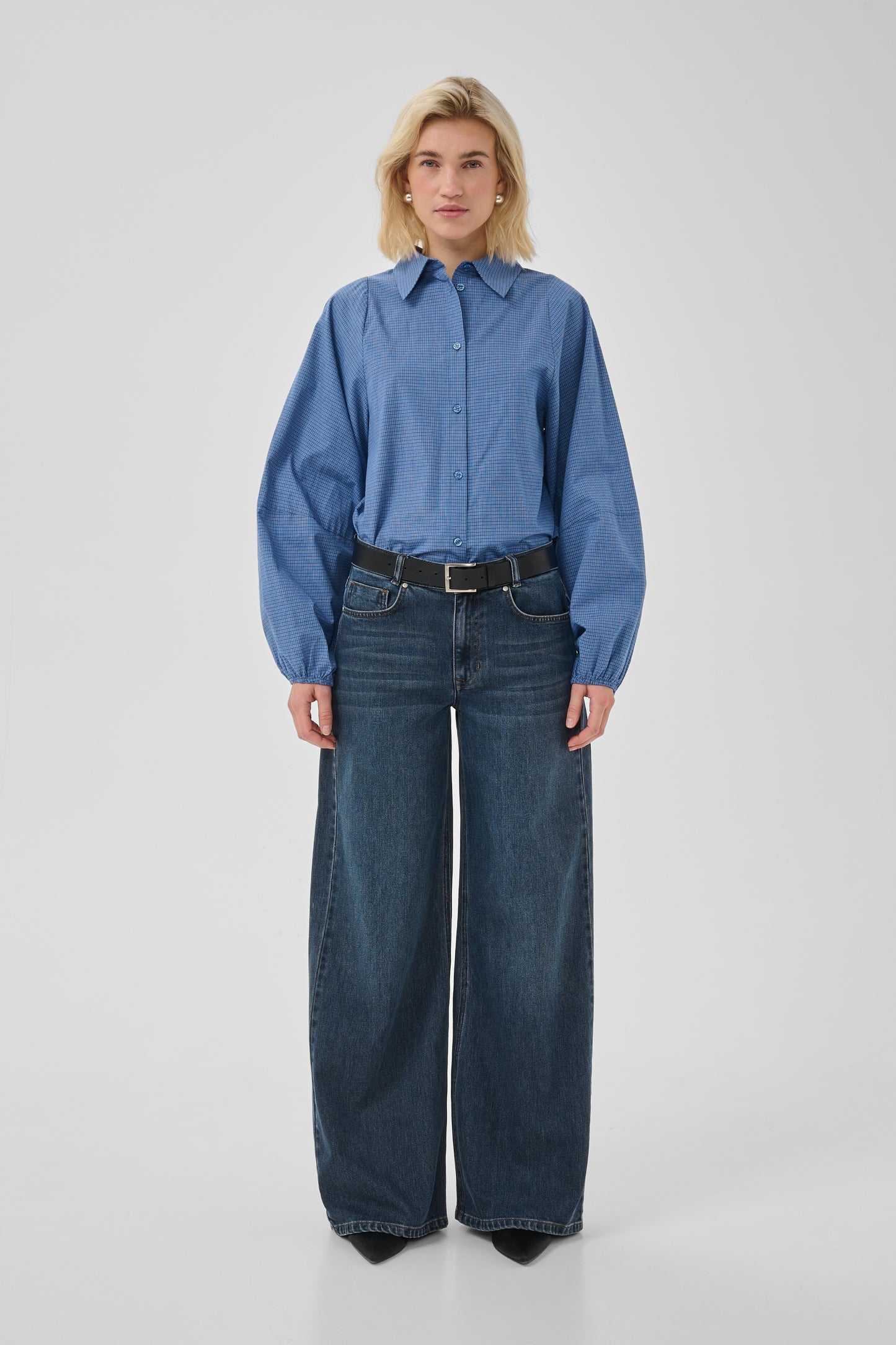 Ilse Balloon Sleeve Shirt Clear Blue Check My Essential Wardrobe