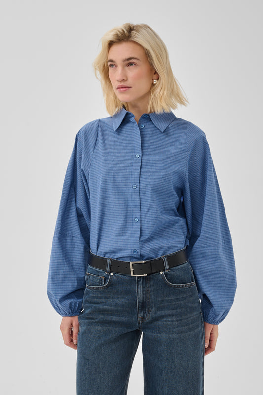 Ilse Balloon Sleeve Shirt Clear Blue Check My Essential Wardrobe