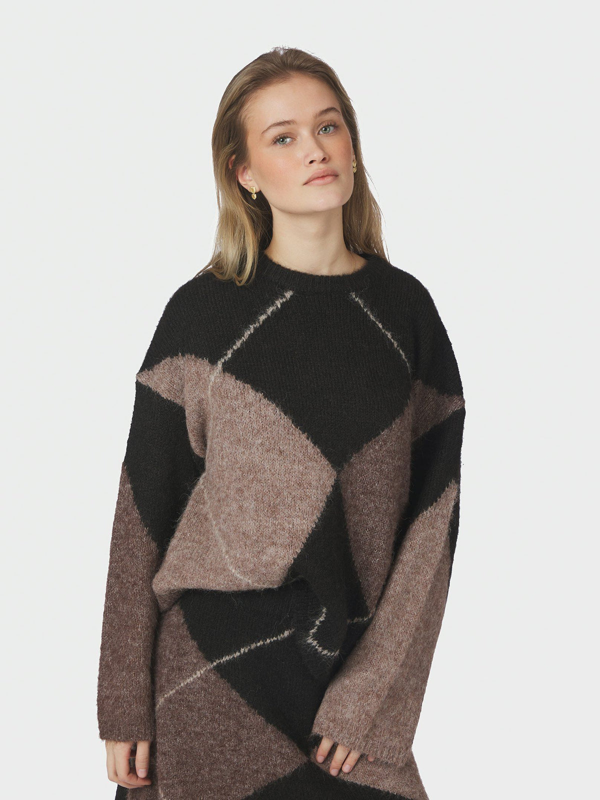 Inga Check Fluff Knit Blouse Dark Brown Neo Noir