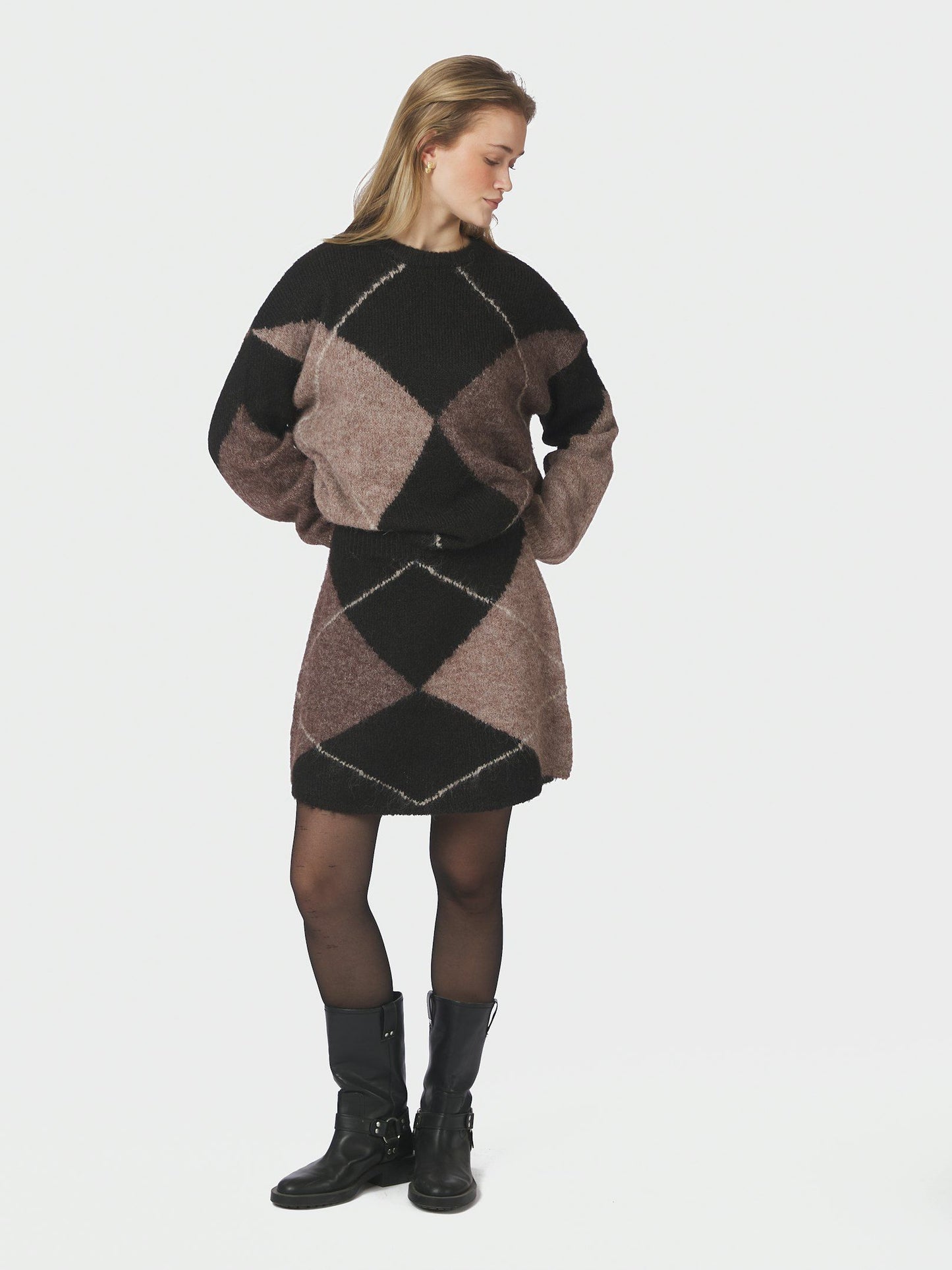 Inga Check Fluff Knit Blouse Dark Brown Neo Noir