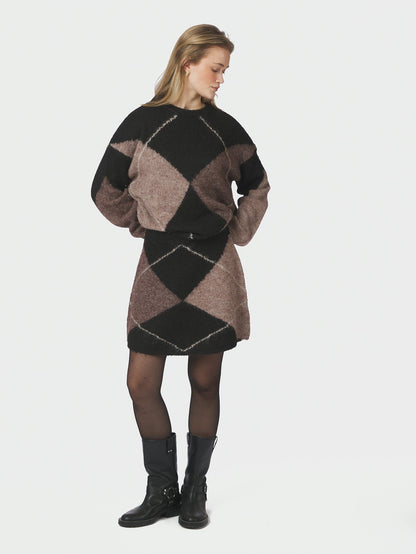 Inga Check Fluff Knit Blouse Dark Brown Neo Noir
