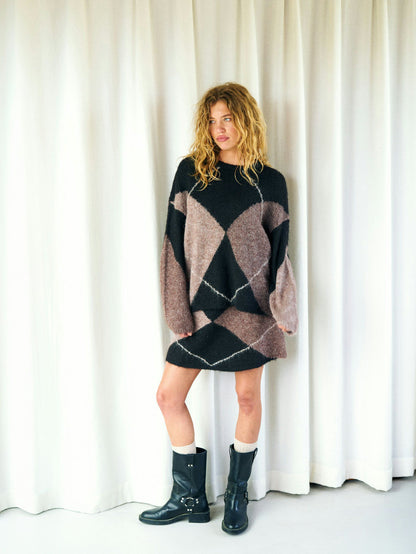 Inga Check Fluff Knit Blouse Dark Brown Neo Noir