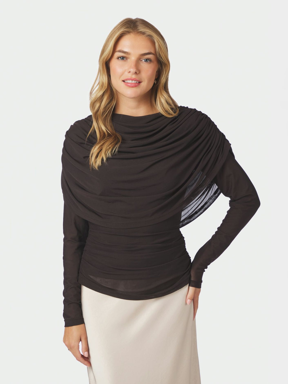 Lottuna Drapy Mesh Blouse Dark Brown Neo Noir