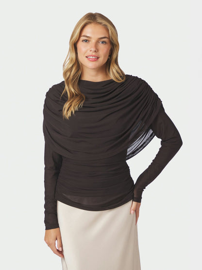 Lottuna Drapy Mesh Blouse Dark Brown Neo Noir