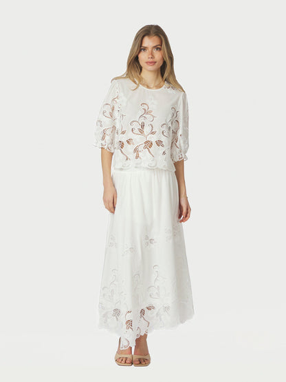Yara Long Emb Skirt White Neo Noir