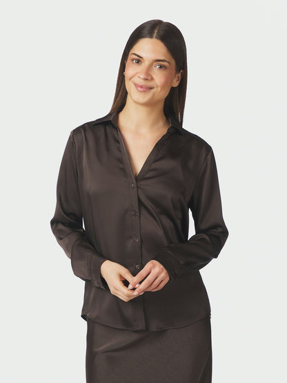 Hazelle Drapy Satin Shirt Dark Brown Neo Noir