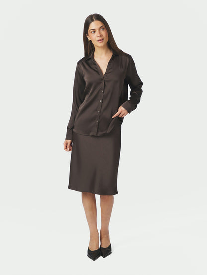Hazelle Drapy Satin Shirt Dark Brown Neo Noir