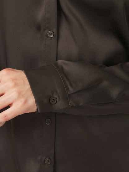 Hazelle Drapy Satin Shirt Dark Brown Neo Noir