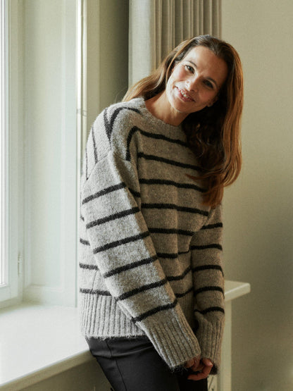 Roeme Fluffy Stripe Knit Beige Melange Neo Noir