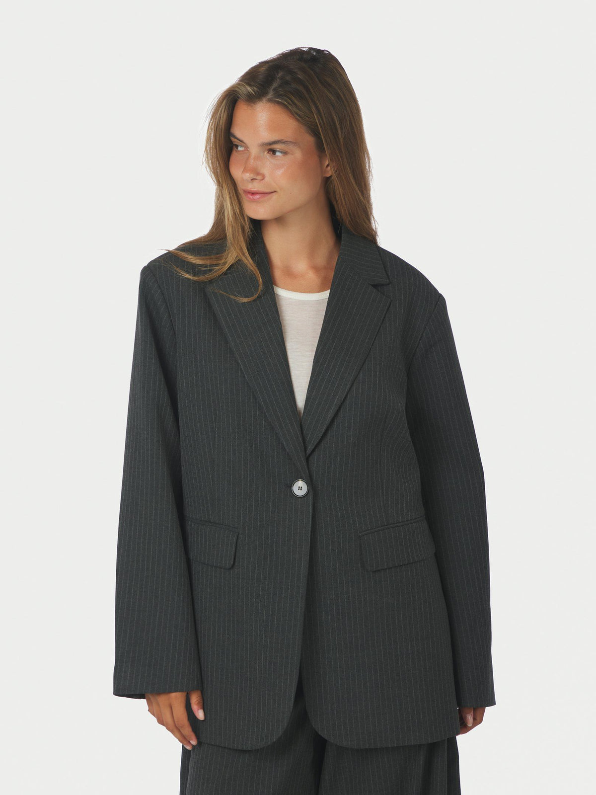 Aarielle Slim Pinstripe Blazer Dark Grey Melange Neo Noir