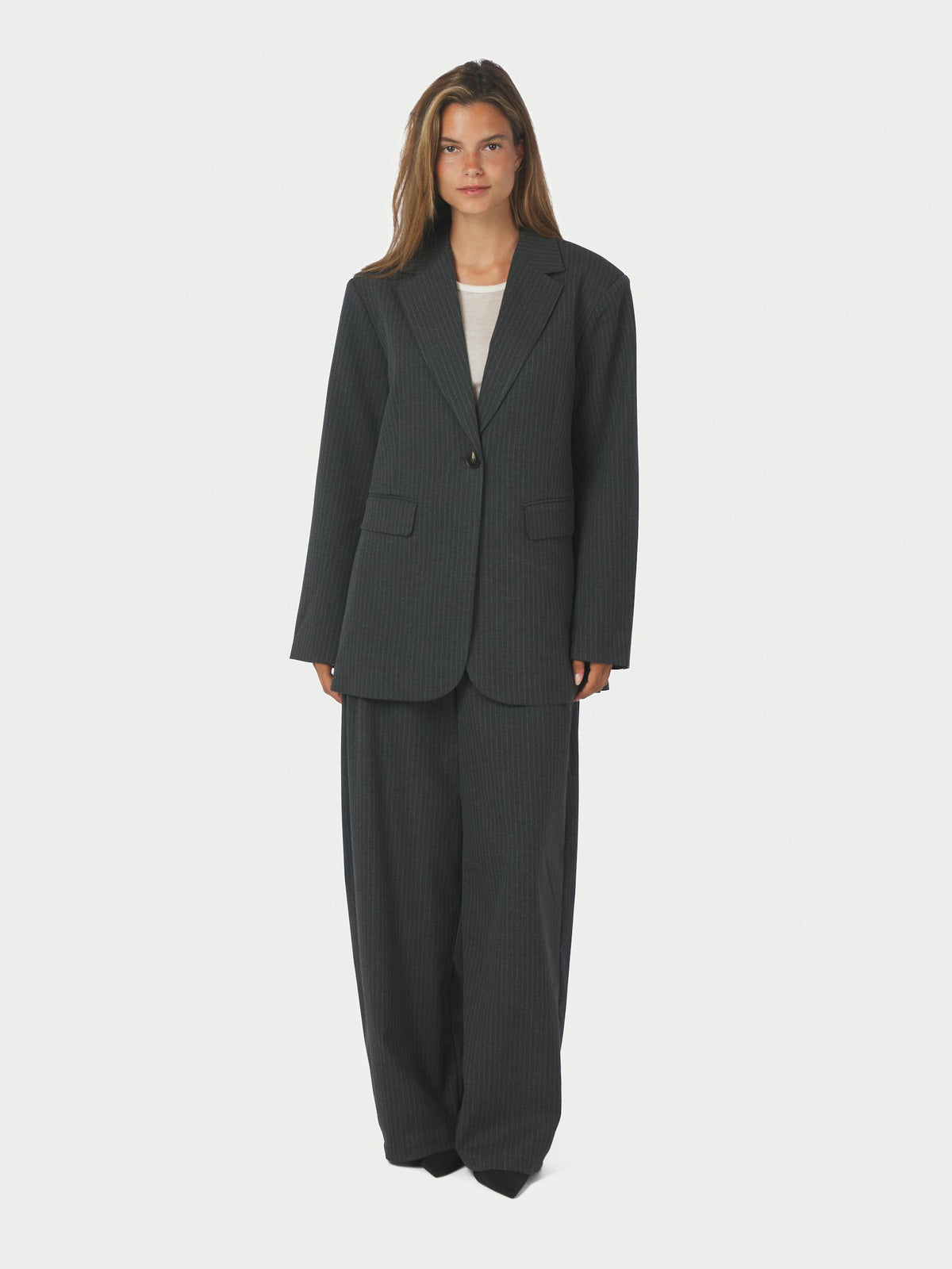Aarielle Slim Pinstripe Blazer Dark Grey Melange Neo Noir