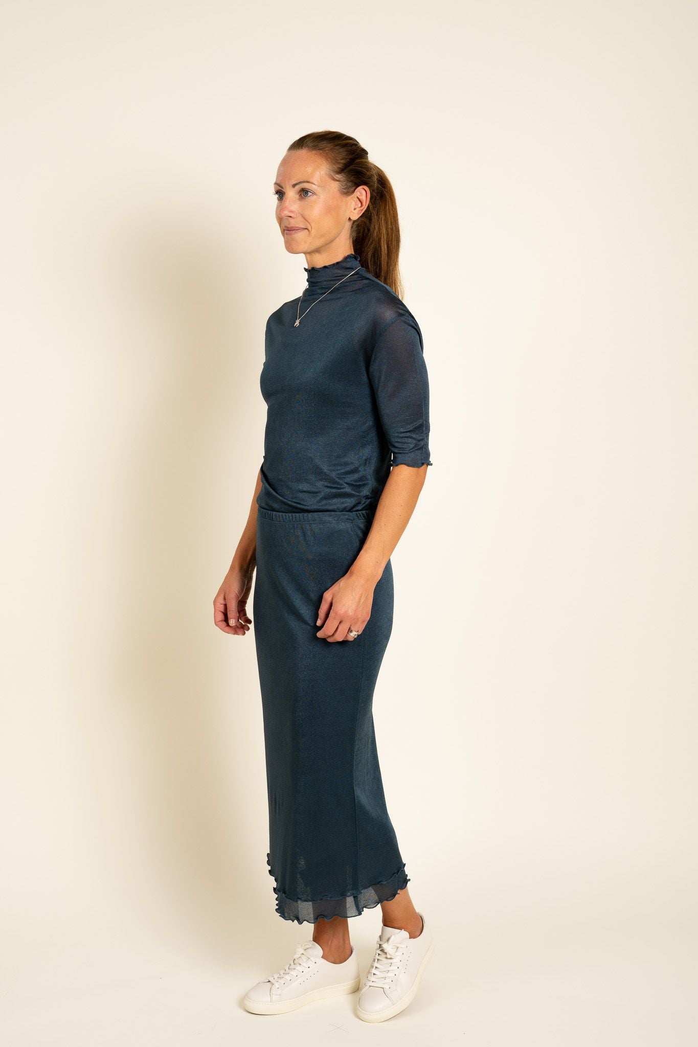 Mock Neck Frill Top Dawn Blue