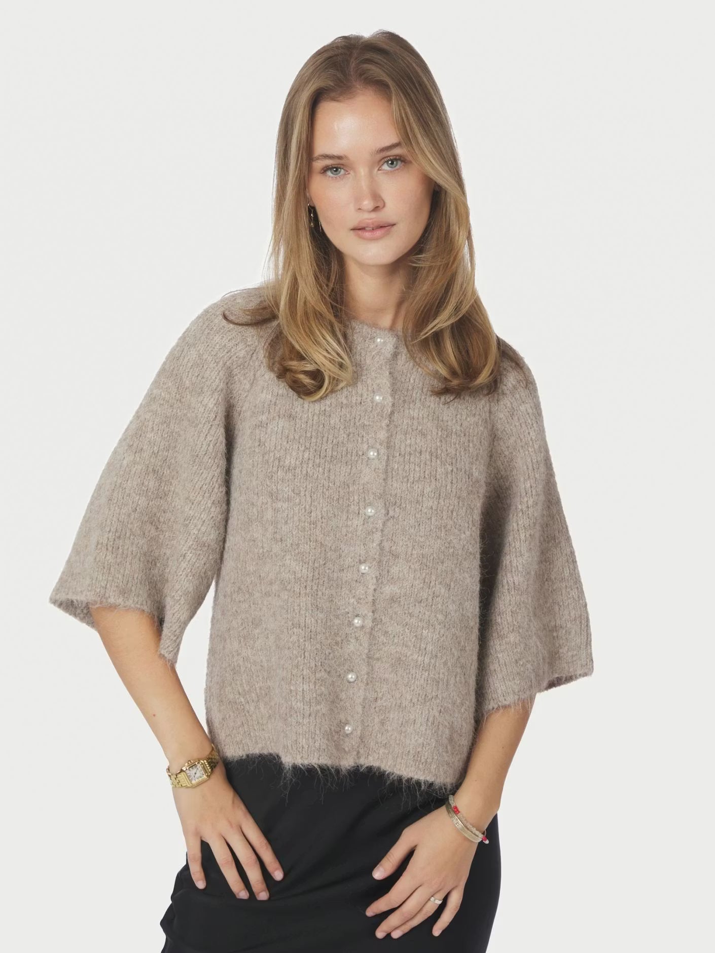 Amaya Fluffy Knit Cardigan Beige Melange Neo Noir