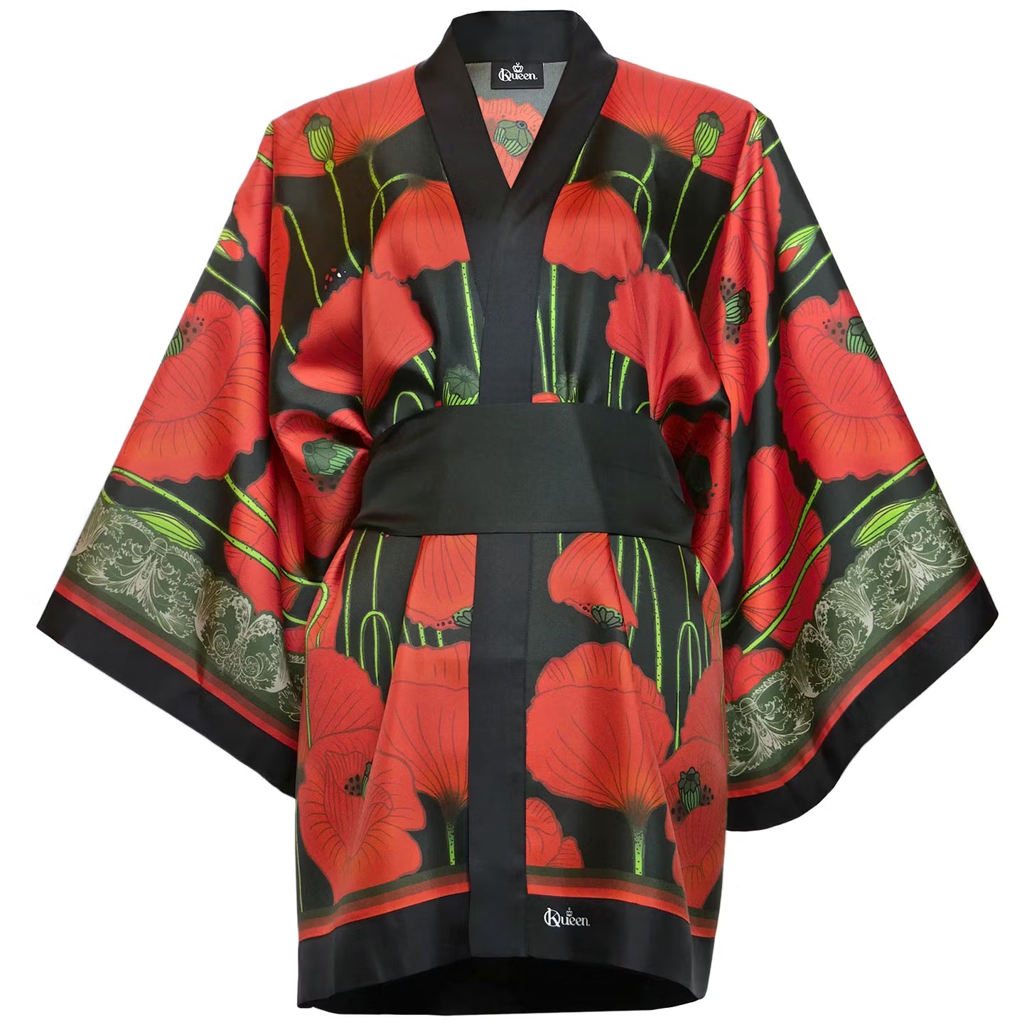 Silk Kimono Short Poppies Dark Kueen