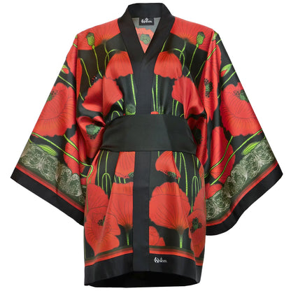 Silk Kimono Short Poppies Dark Kueen