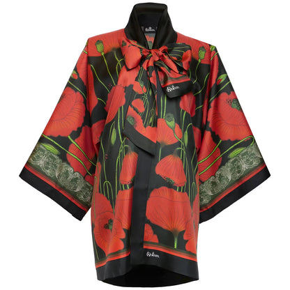 Silk Kimono Short Poppies Dark Kueen
