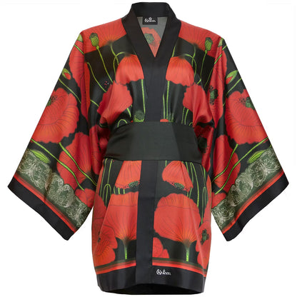 Silk Kimono Short Poppies Dark Kueen