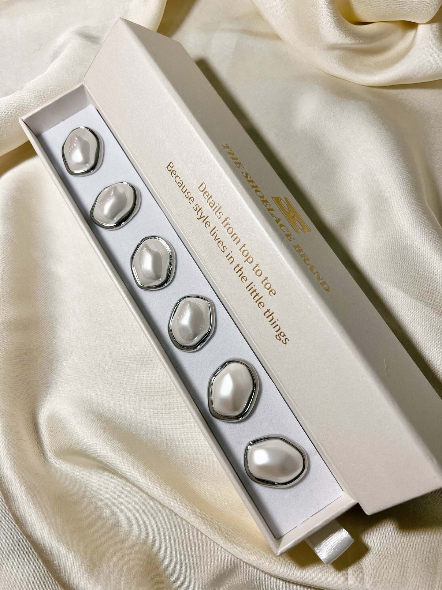 Fei Asymmetric Pearl Button Charm Silver The Shoelace Brand