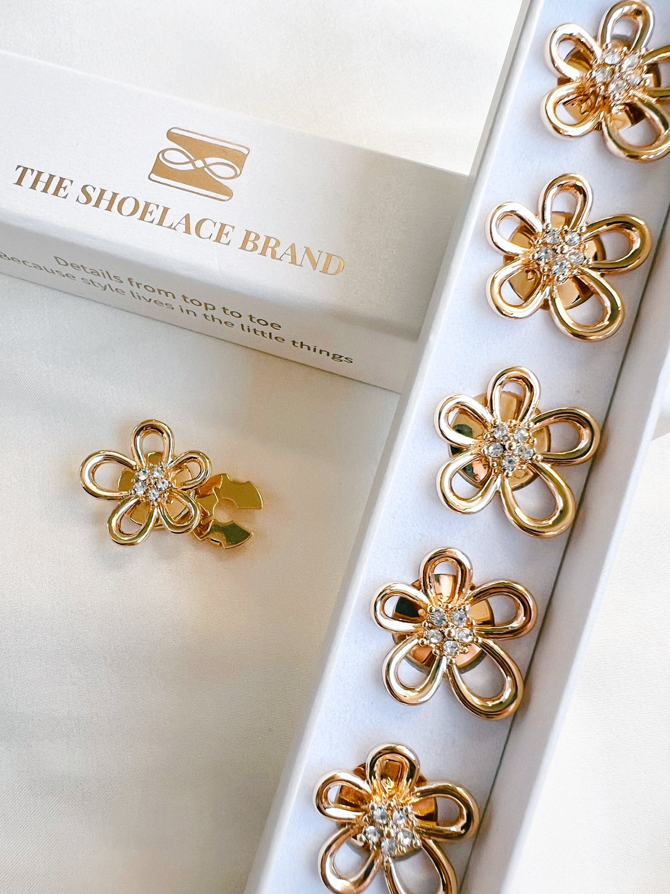 Tina Open Gold Flower Crystal Button Charm Gold The Shoelace Brand