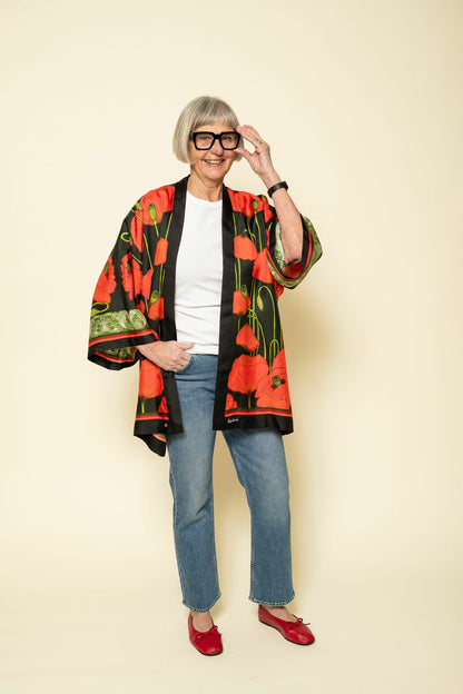 Silk Kimono Short Poppies Dark Kueen