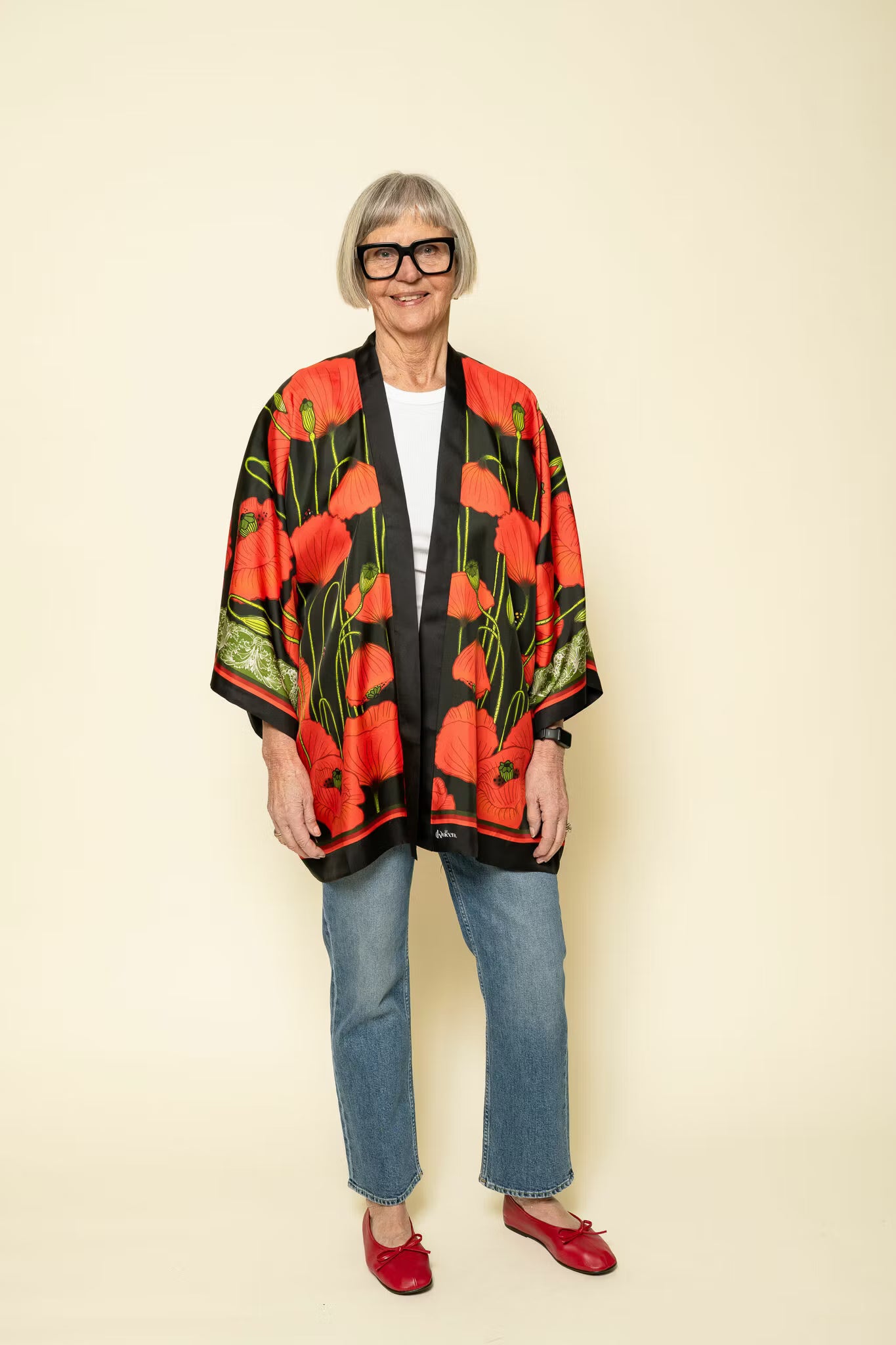 Silk Kimono Short Poppies Dark Kueen
