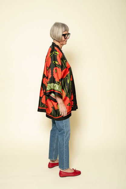 Silk Kimono Short Poppies Dark Kueen